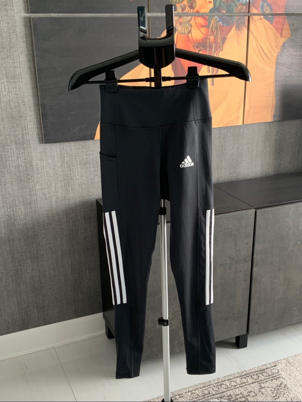 adidas Charcoal Leggings with White Side Stripes XS